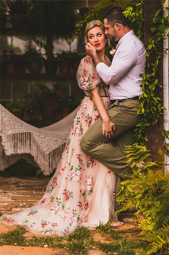Short Bubble Sleeves Colorful Embroidered Bridal Gown A Line