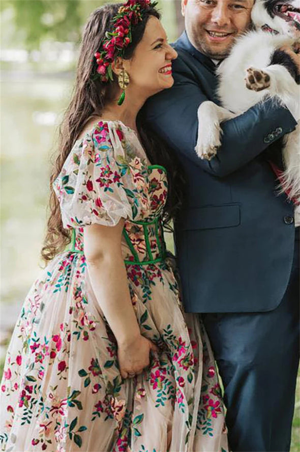 Short Bubble Sleeves Colorful Embroidered Bridal Gown A Line