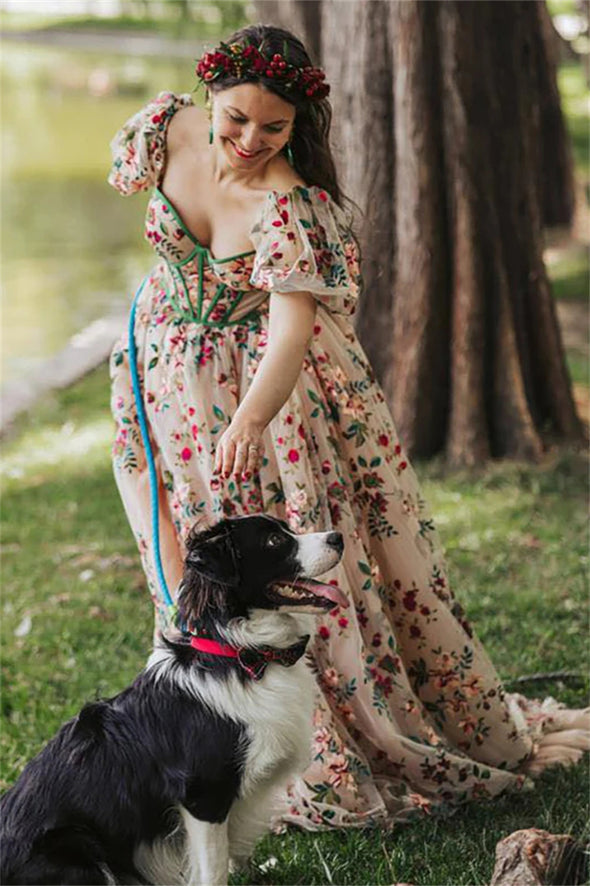Short Bubble Sleeves Colorful Embroidered Bridal Gown A Line