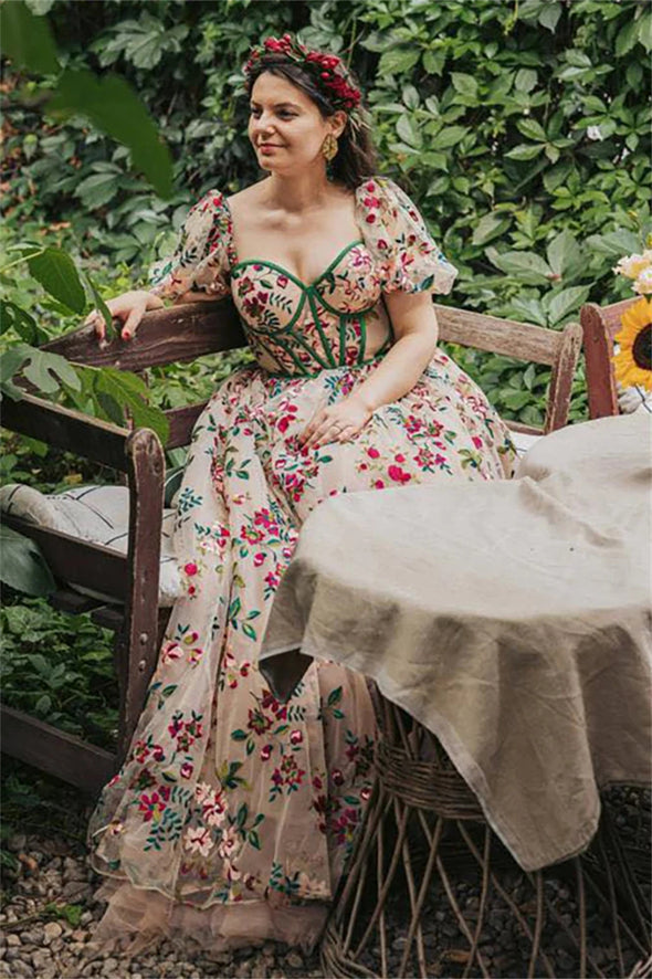 Short Bubble Sleeves Colorful Embroidered Bridal Gown A Line