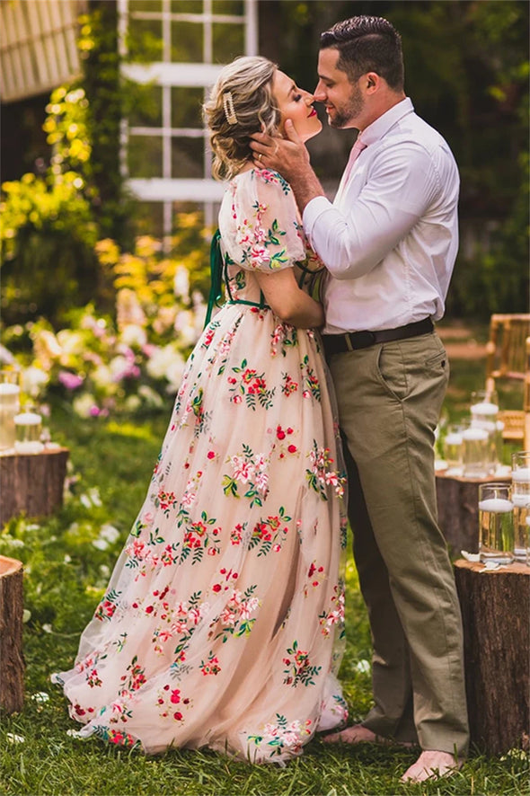 Short Bubble Sleeves Colorful Embroidered Bridal Gown A Line