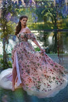 Short Bubble Sleeves Colorful Embroidered Bridal Gown A Line