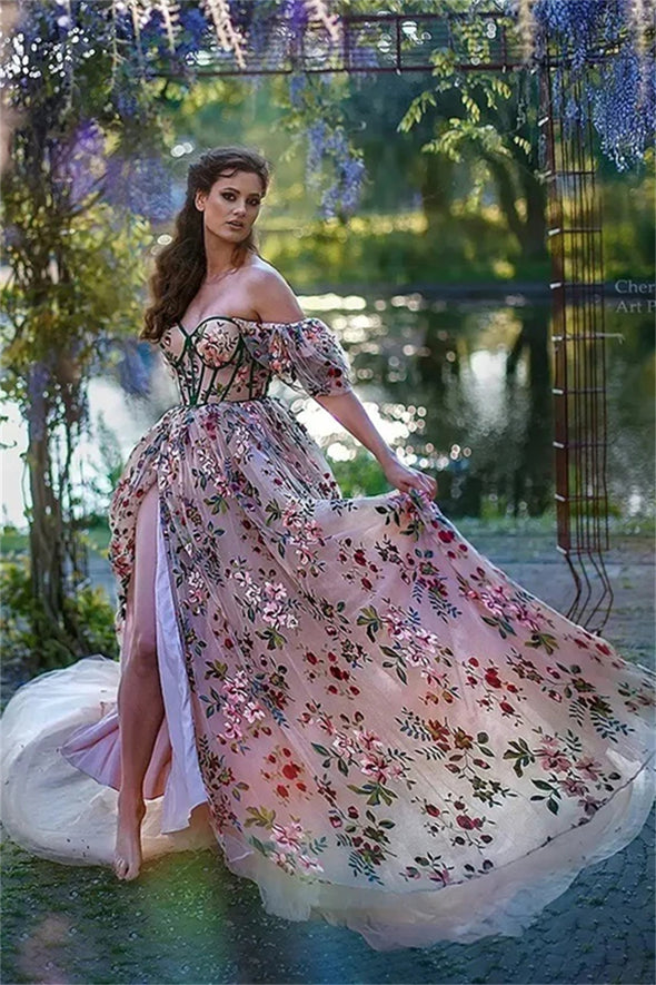 Short Bubble Sleeves Colorful Embroidered Bridal Gown A Line