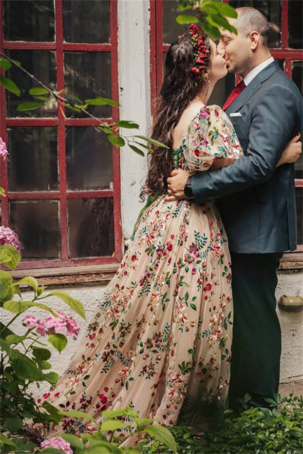 Short Bubble Sleeves Colorful Embroidered Bridal Gown A Line