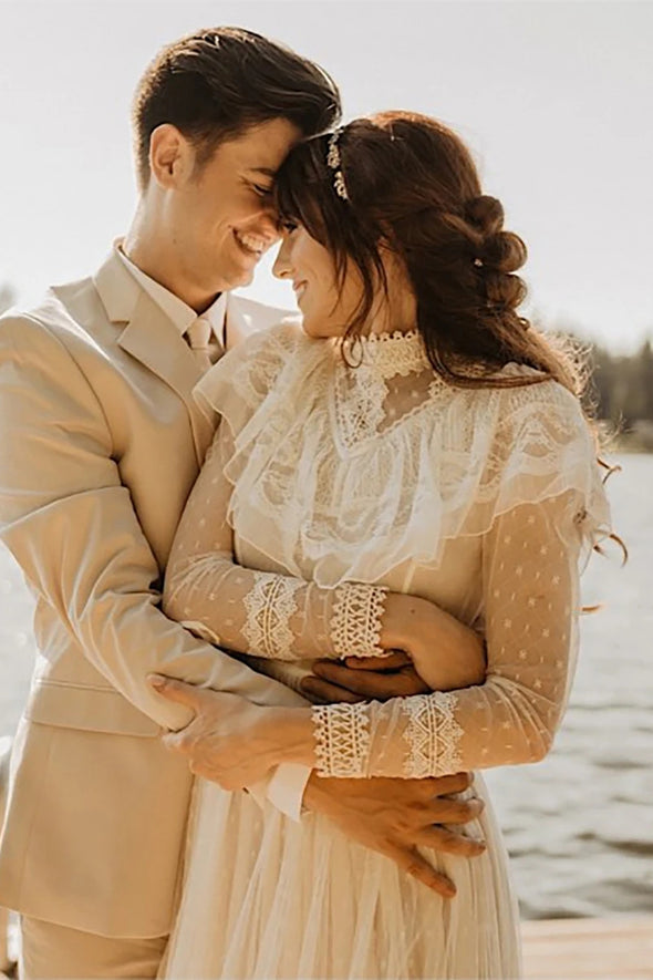Retro 1970s High Neck Bohemian Long Sleeves Wedding Dress