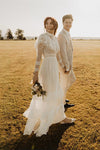 Retro 1970s High Neck Bohemian Long Sleeves Wedding Dress