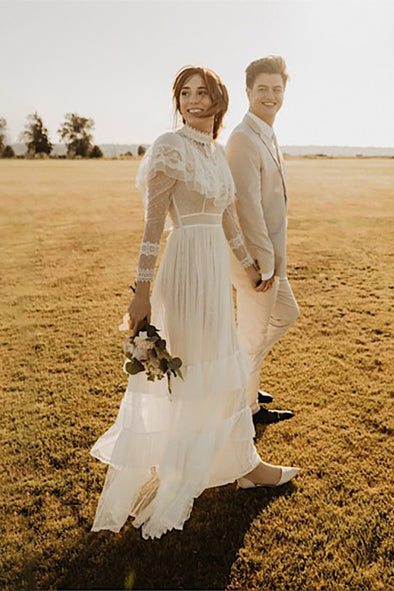 Retro 1970s High Neck Bohemian Long Sleeves Wedding Dress