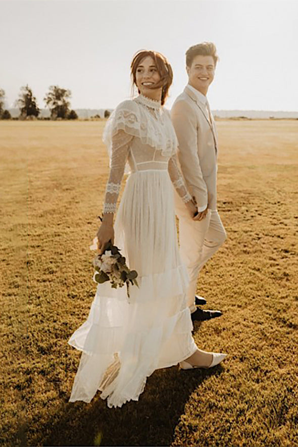 Retro 1970s High Neck Bohemian Long Sleeves Wedding Dress