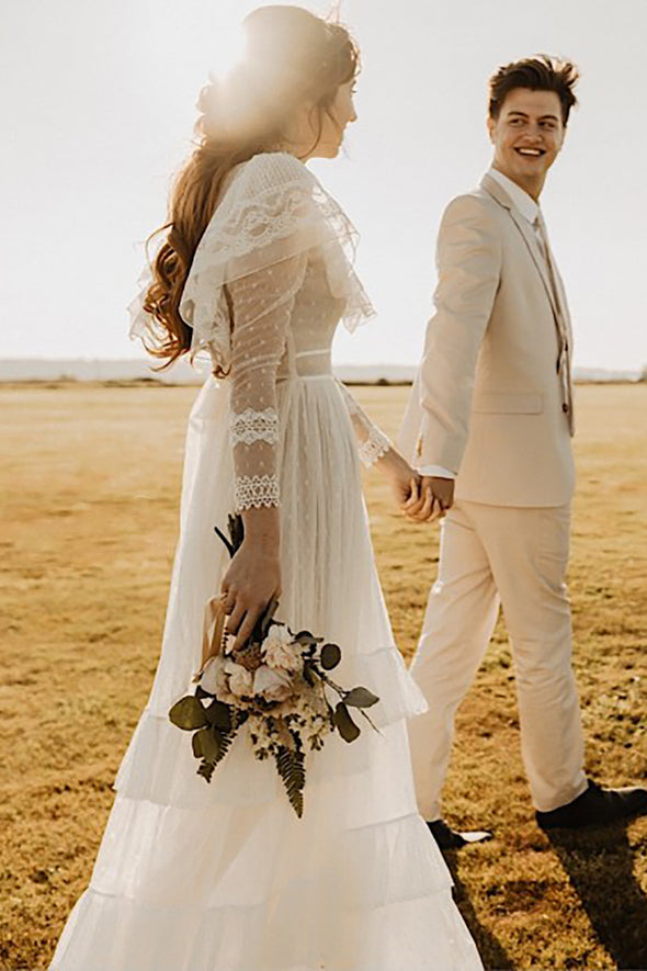 Retro 1970s High Neck Bohemian Long Sleeves Wedding Dress