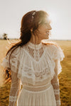 Retro 1970s High Neck Bohemian Long Sleeves Wedding Dress