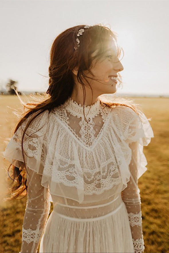 Retro 1970s High Neck Bohemian Long Sleeves Wedding Dress