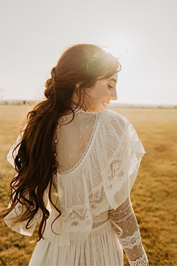 Retro 1970s High Neck Bohemian Long Sleeves Wedding Dress