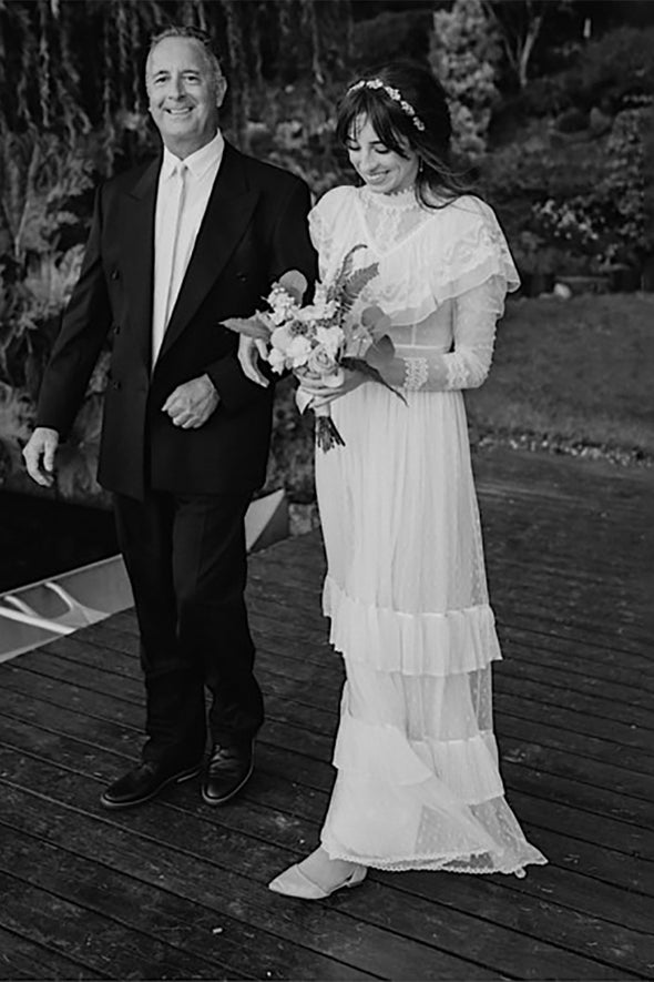 Retro 1970s High Neck Bohemian Long Sleeves Wedding Dress