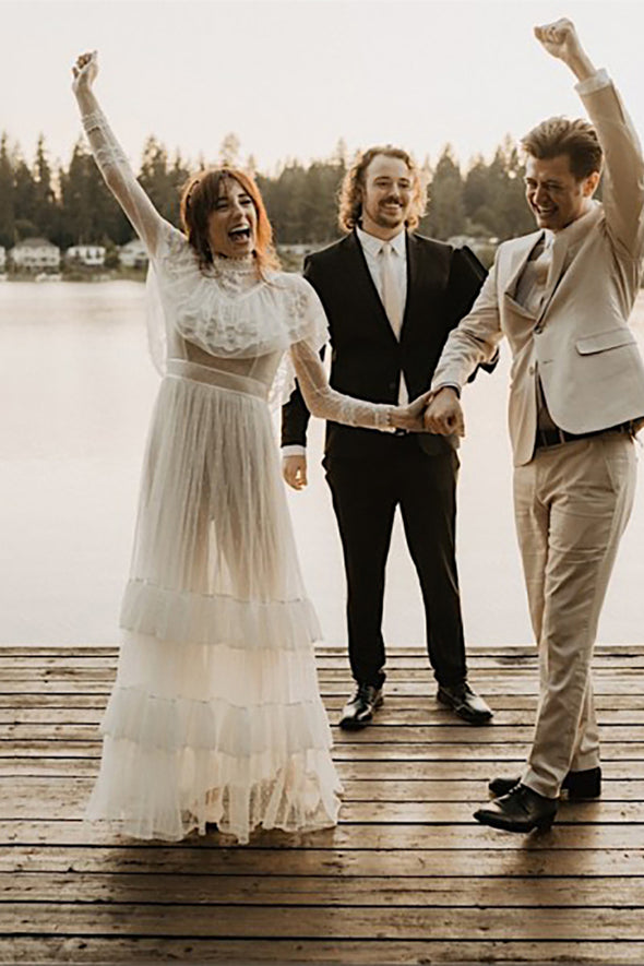 Retro 1970s High Neck Bohemian Long Sleeves Wedding Dress