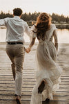 Retro 1970s High Neck Bohemian Long Sleeves Wedding Dress