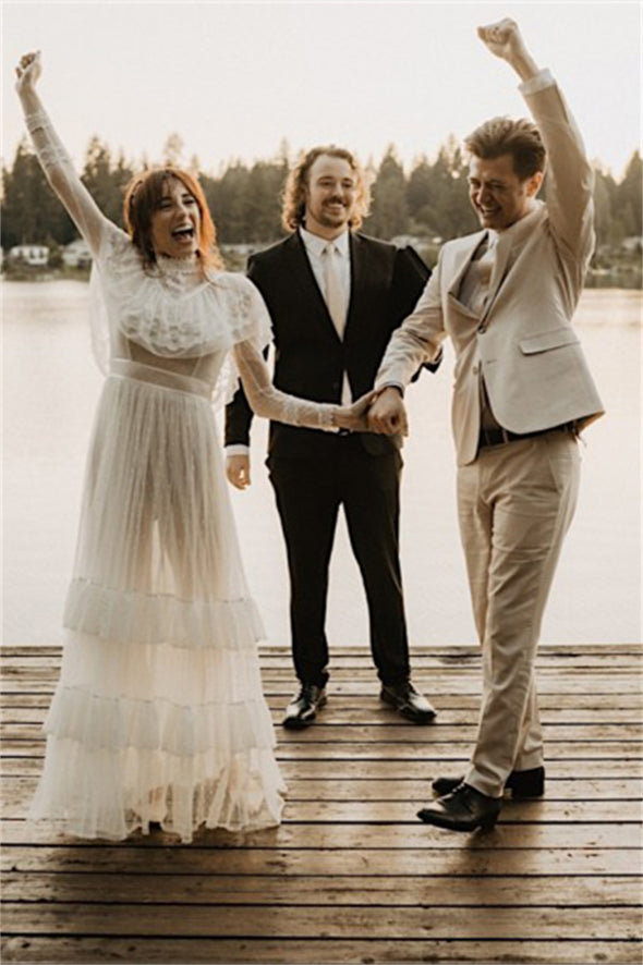 Retro 1970s High Neck Bohemian Long Sleeves Wedding Dress