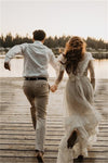 Retro 1970s High Neck Bohemian Long Sleeves Wedding Dress
