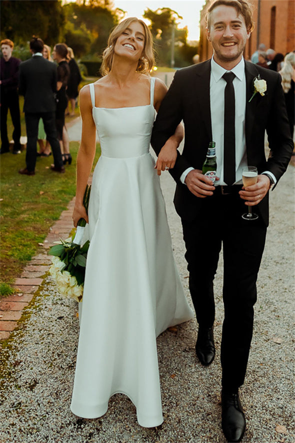 Square Neck Satin Classic Outdoor Wedding Dress