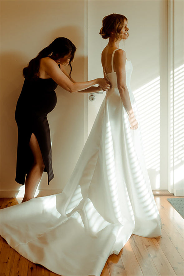 Square Neck Satin Classic Outdoor Wedding Dress