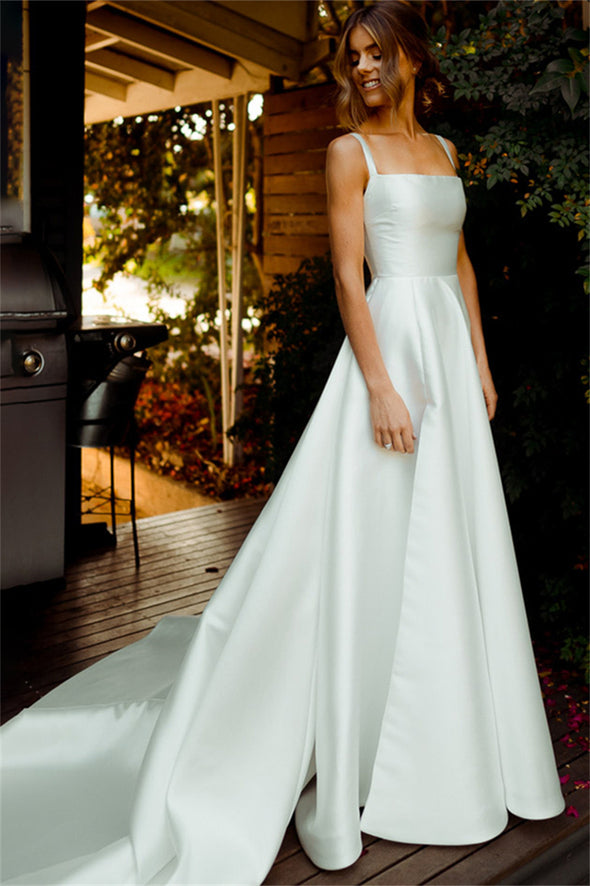 Square Neck Satin Classic Outdoor Wedding Dress