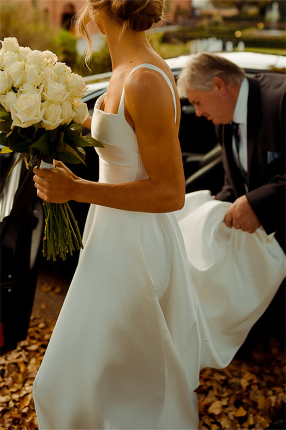 Square Neck Satin Classic Outdoor Wedding Dress