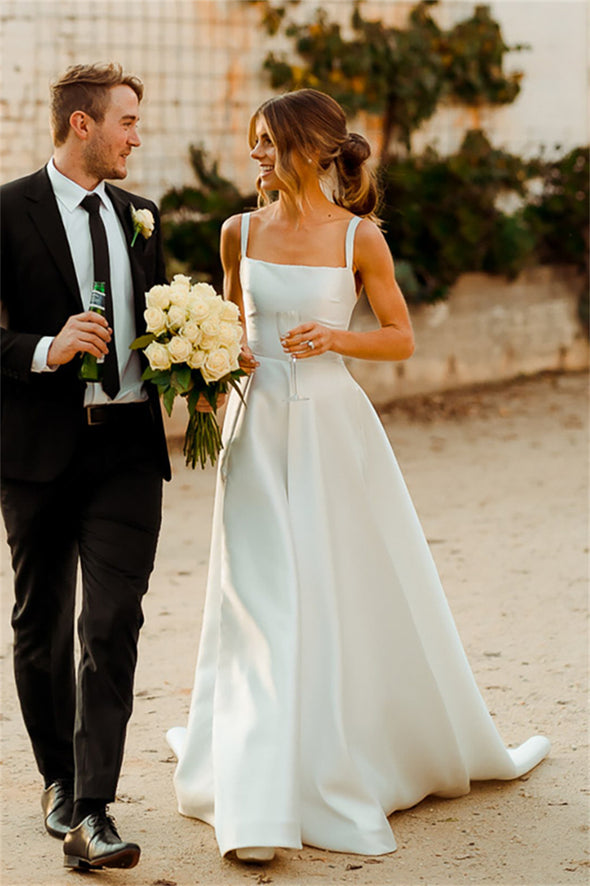 Square Neck Satin Classic Outdoor Wedding Dress