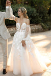 Detachable Long Puffy Sleeves High Split Embroidered Lace Bridal Gowns