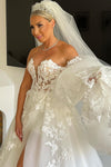 Detachable Long Puffy Sleeves High Split Embroidered Lace Bridal Gowns