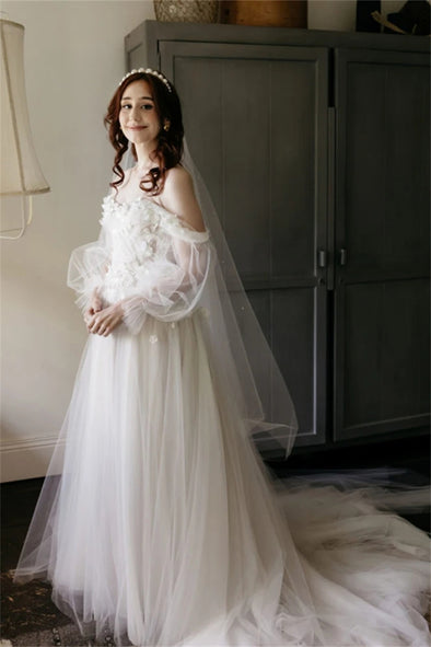 Long Puffy Sheer Sleeves Wedding Dress 3D Embroidery Flowers