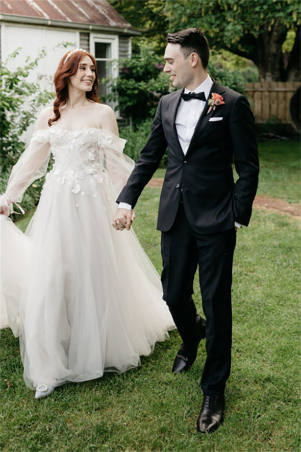 Long Puffy Sheer Sleeves Wedding Dress 3D Embroidery Flowers