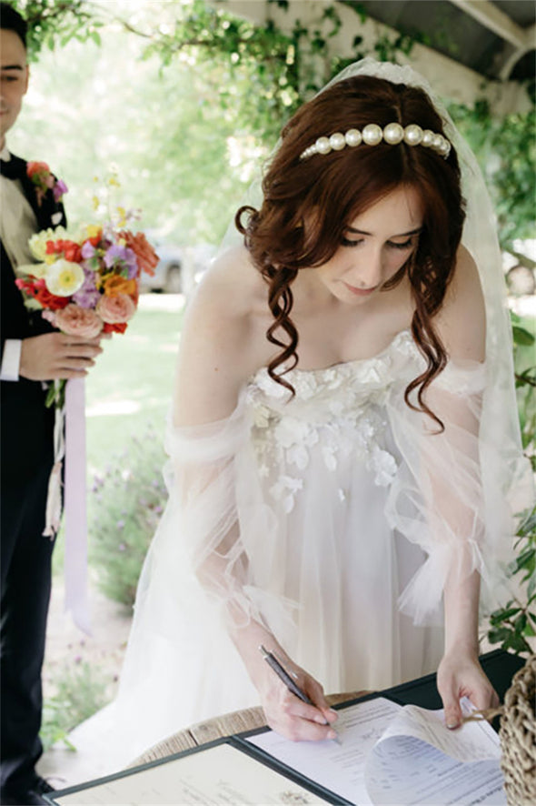 Long Puffy Sheer Sleeves Wedding Dress 3D Embroidery Flowers