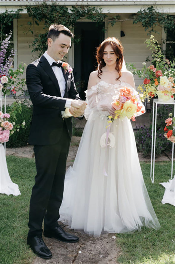 Long Puffy Sheer Sleeves Wedding Dress 3D Embroidery Flowers