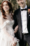 Long Puffy Sheer Sleeves Wedding Dress 3D Embroidery Flowers