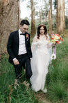Long Puffy Sheer Sleeves Wedding Dress 3D Embroidery Flowers