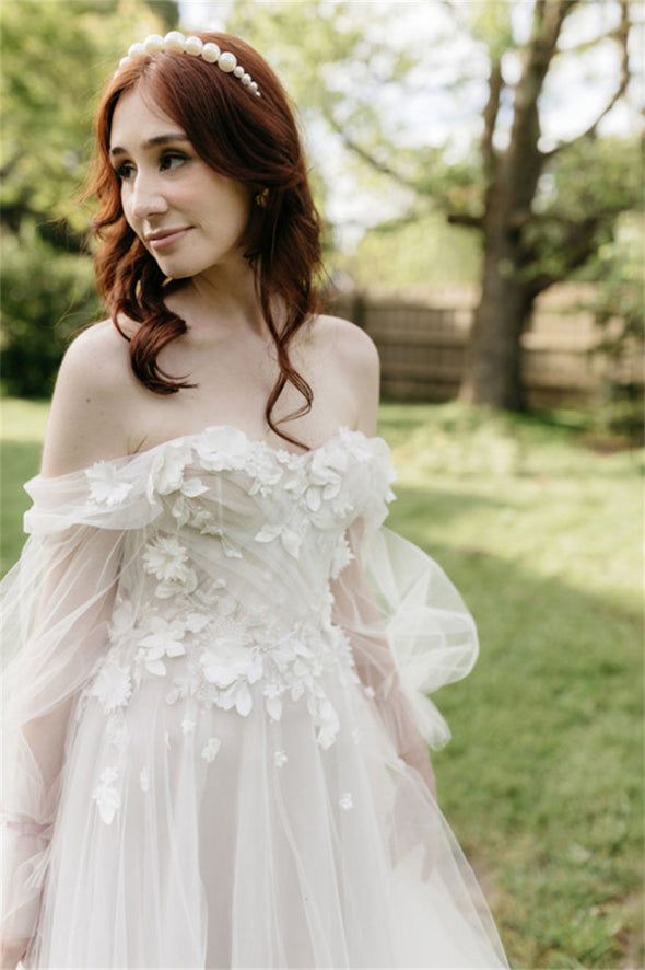 Long Puffy Sheer Sleeves Wedding Dress 3D Embroidery Flowers