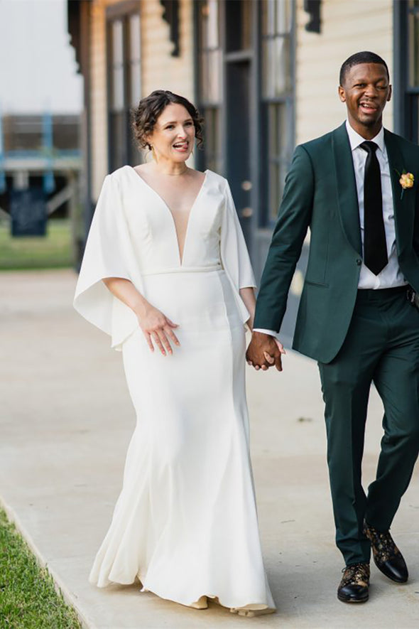 Half Bell Sleeves Soft Satin Plunging V Neck Backless Wedding Dress