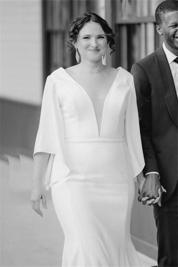 Half Bell Sleeves Soft Satin Plunging V Neck Backless Wedding Dress
