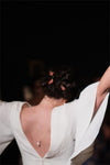 Half Bell Sleeves Soft Satin Plunging V Neck Backless Wedding Dress