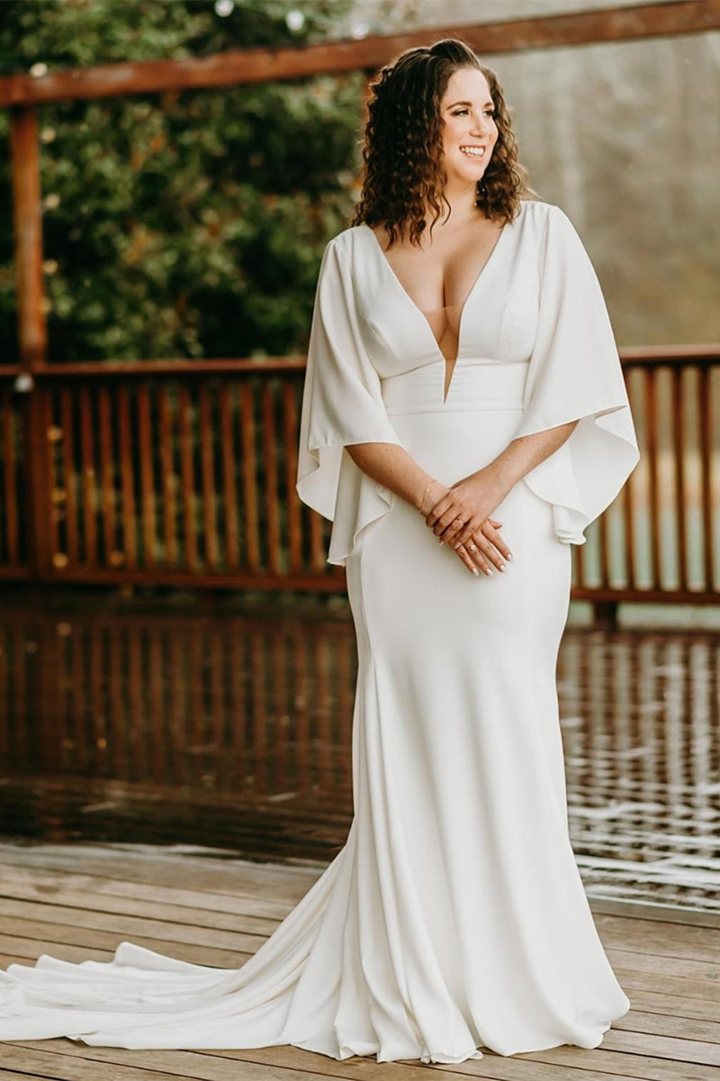 Half Bell Sleeves Soft Satin Plunging V Neck Backless Wedding Dress Half Bell Sleeves Soft Satin Plunging V Neck Backless Wedding Dress