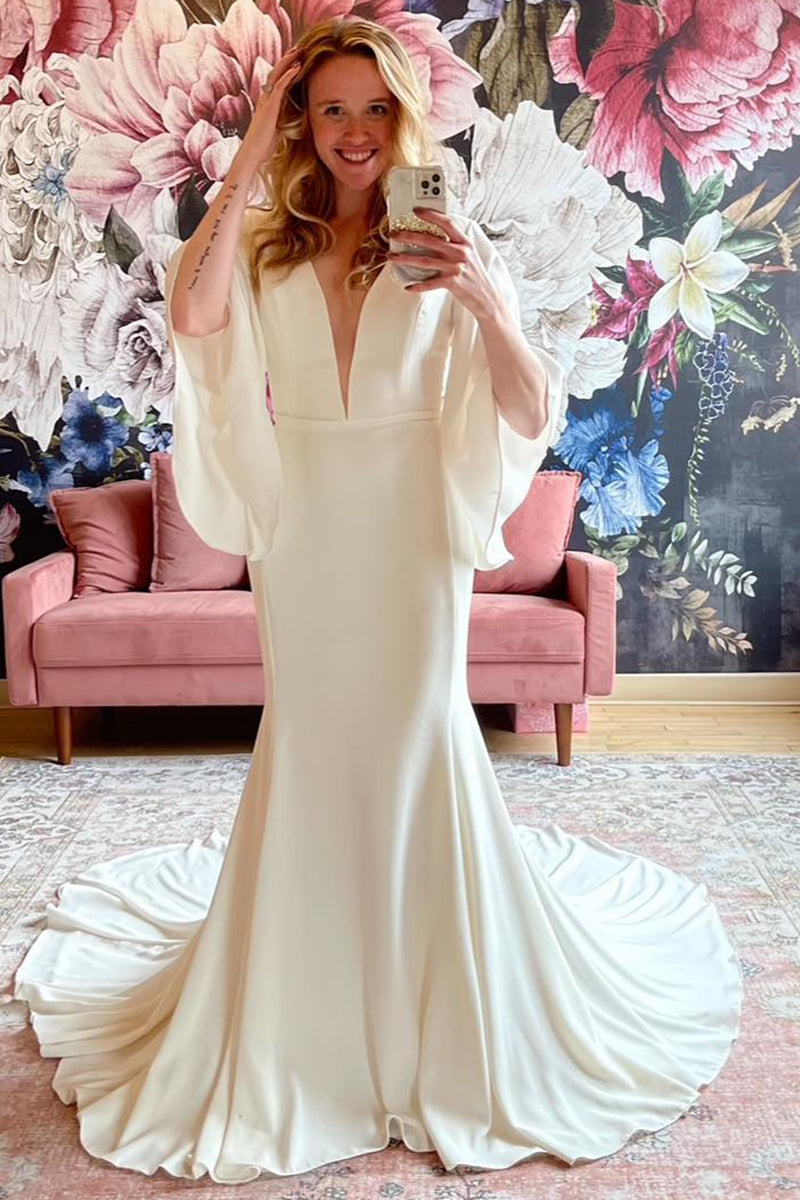 Half Bell Sleeves Soft Satin Plunging V Neck Backless Wedding Dress – TANYA BRIDAL