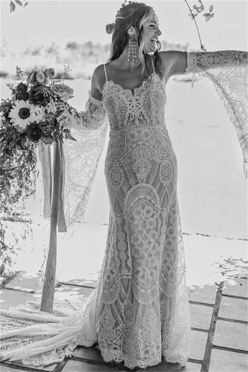 Lace Slip Wedding Dress Scalloped Neckline Long Bell Sleeves TANYA BRIDAL Lace Slip Wedding Dress Scalloped Neckline Long Bell Sleeves TANYA BRIDAL