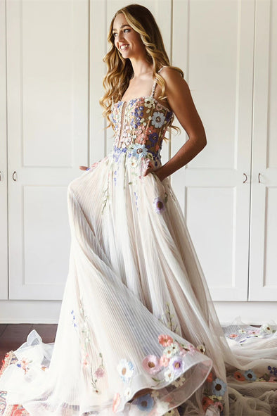 Top Corset Boning Backless Colorful 3D Embroidery Flower Bridal Gown