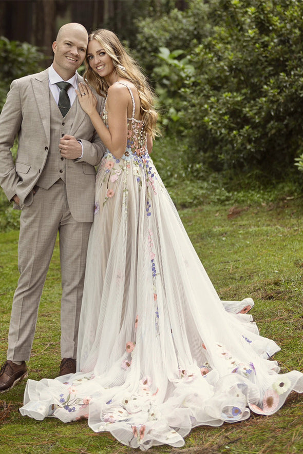 Top Corset Boning Backless Colorful 3D Embroidery Flower Bridal Gown