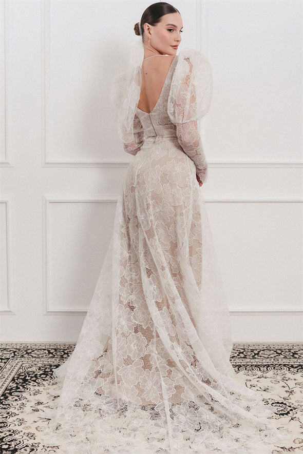 Square Neck Backless Boho Unique Build-Bras Romantic Bridal Gowns