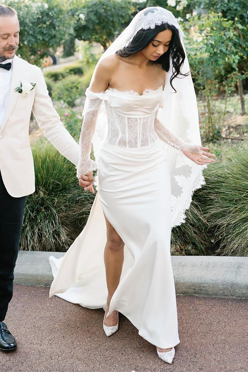 Long Sleeves Sheer Lace Bodice Boned Wedding Dress TANYA BRIDAL Long Sleeves Sheer Lace Bodice Boned Wedding Dress TANYA BRIDAL