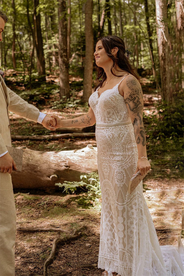 Lace Slip Wedding Dress Scalloped Neckline Long Bell Sleeves