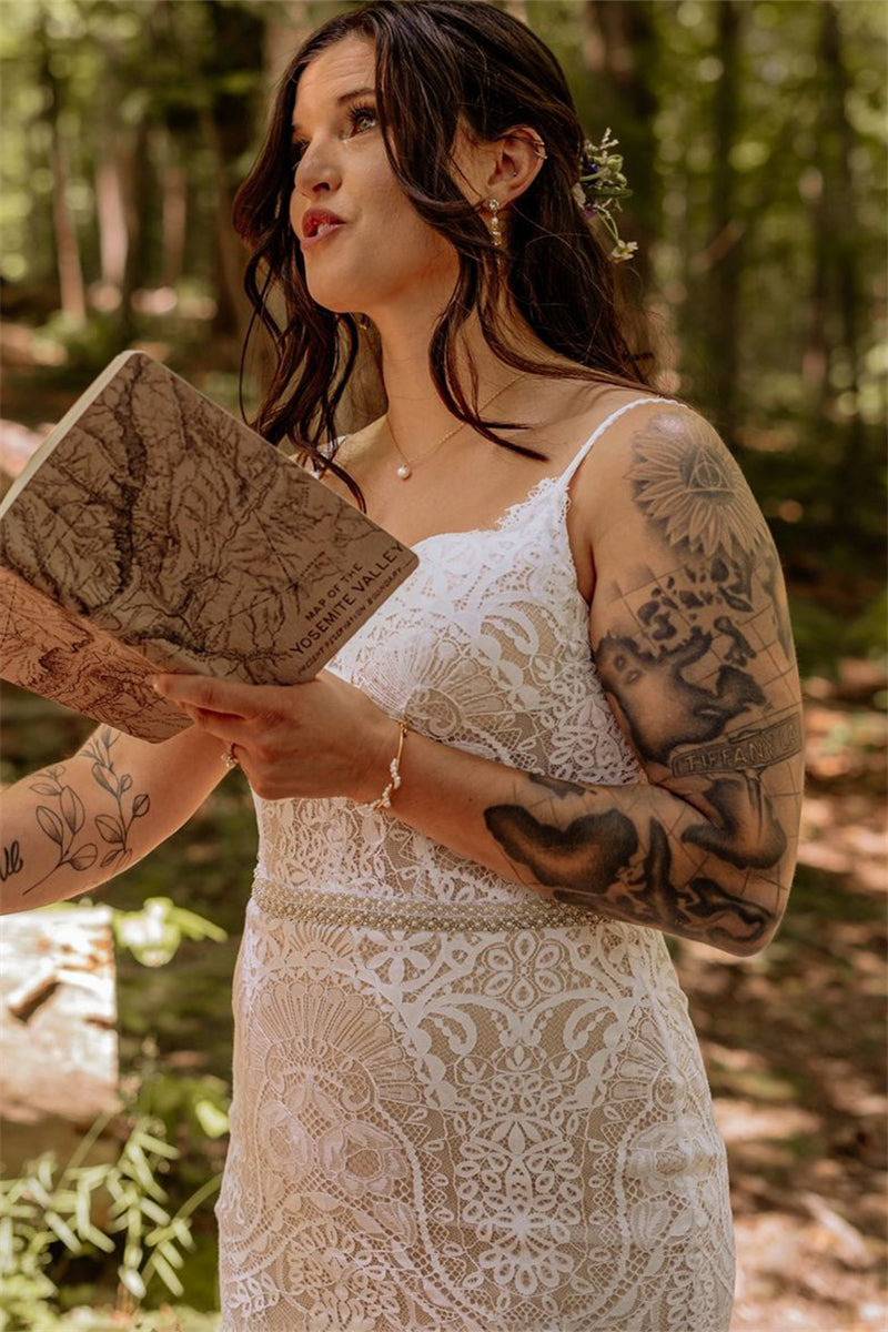 Lace Slip Wedding Dress Scalloped Neckline Long Bell Sleeves TANYA BRIDAL Lace Slip Wedding Dress Scalloped Neckline Long Bell Sleeves TANYA BRIDAL