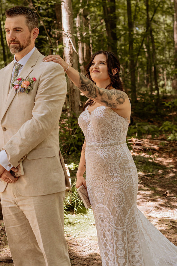 Lace Slip Wedding Dress Scalloped Neckline Long Bell Sleeves