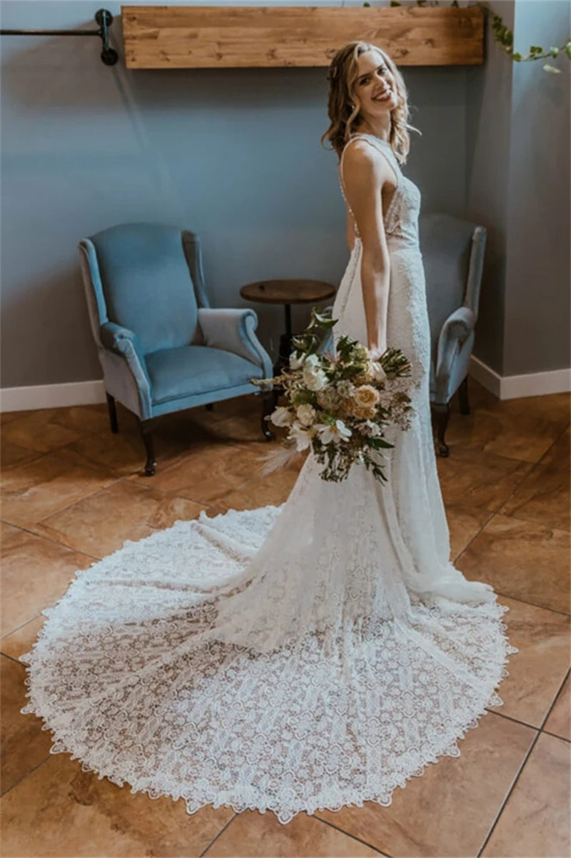 Halter Illusion Back Boho Bridal Gowns With Detachable Sleeves – TANYA BRIDAL