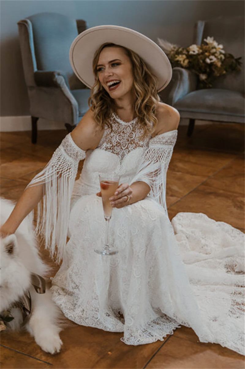 halter illusion wedding dress Halter Illusion neck High split A line Tulle Princess Wedding Dress